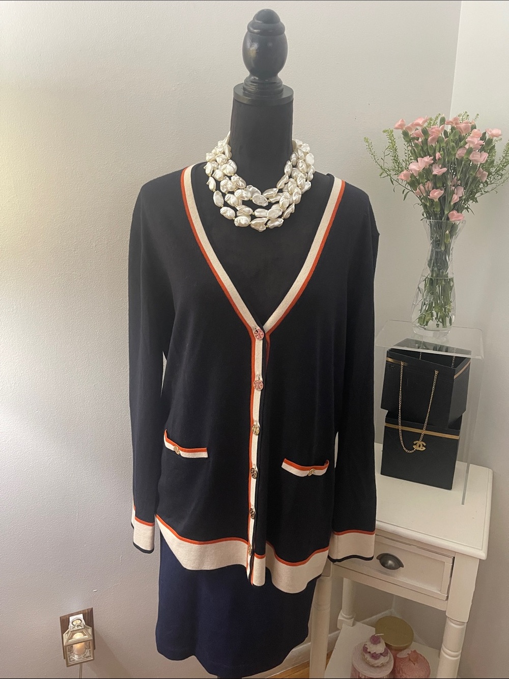Vintage Tory Burch Navy Cardigan with Ivory & Orange Trim